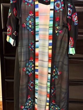 Black Embroidered Sheer Long Kimono with Multicolor Trim Size Medium (W19)